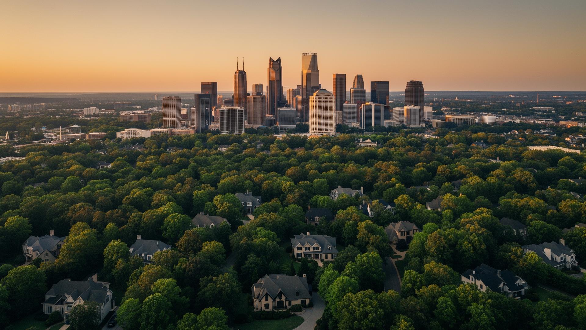Aerial view of Atlanta skyline and lush metro neighborhoods at golden hour